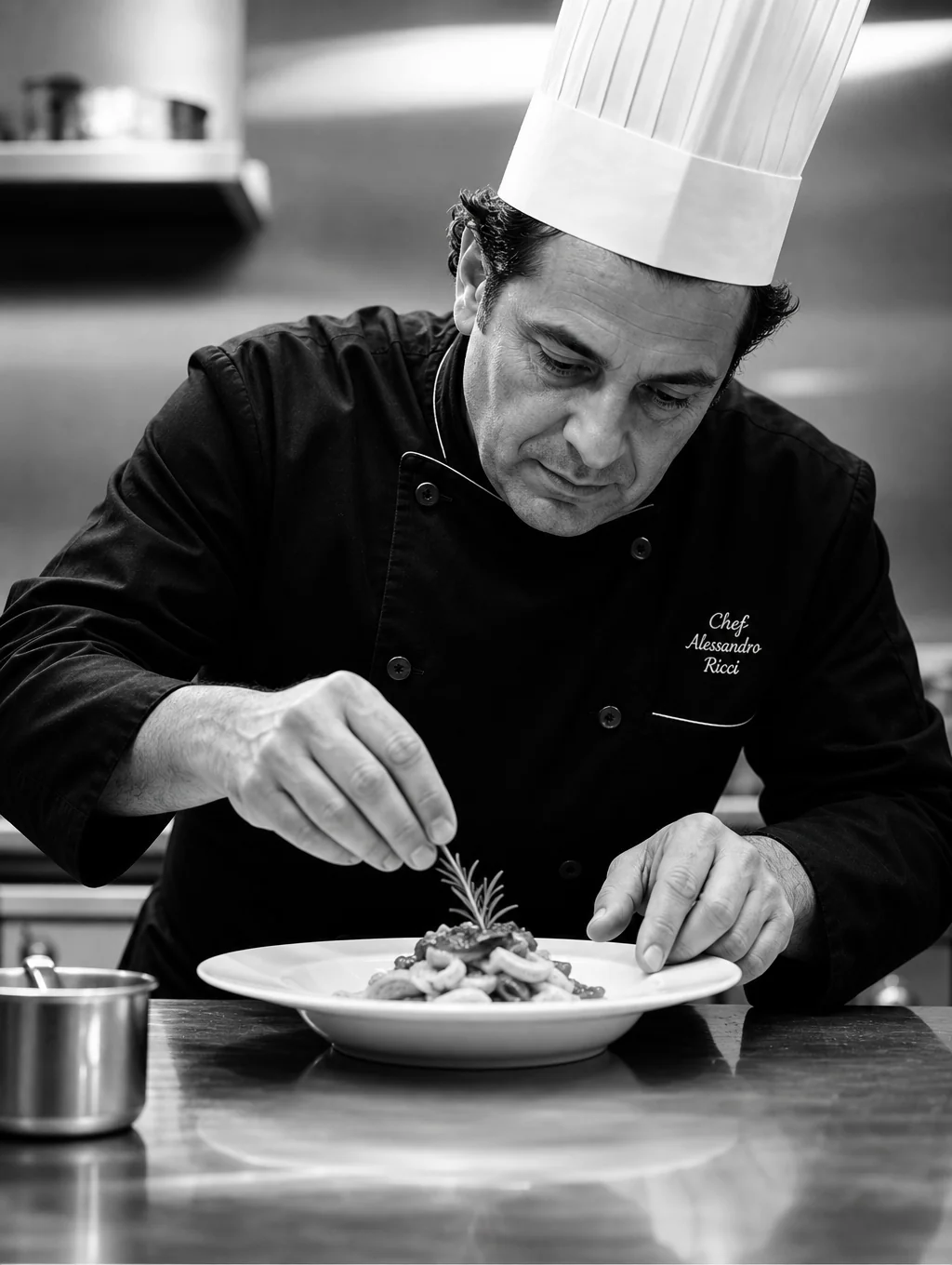 Executive Chef Marco Rossi plating fresh pasta in the kitchen