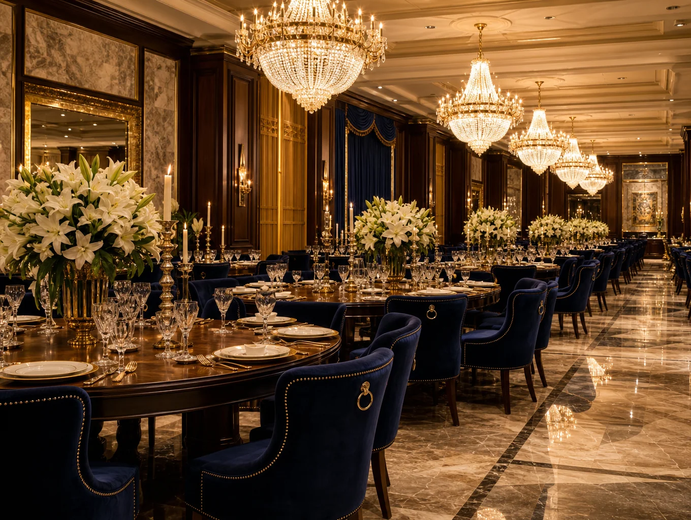 Spacious restaurant banquet setting prepared for corporate galas