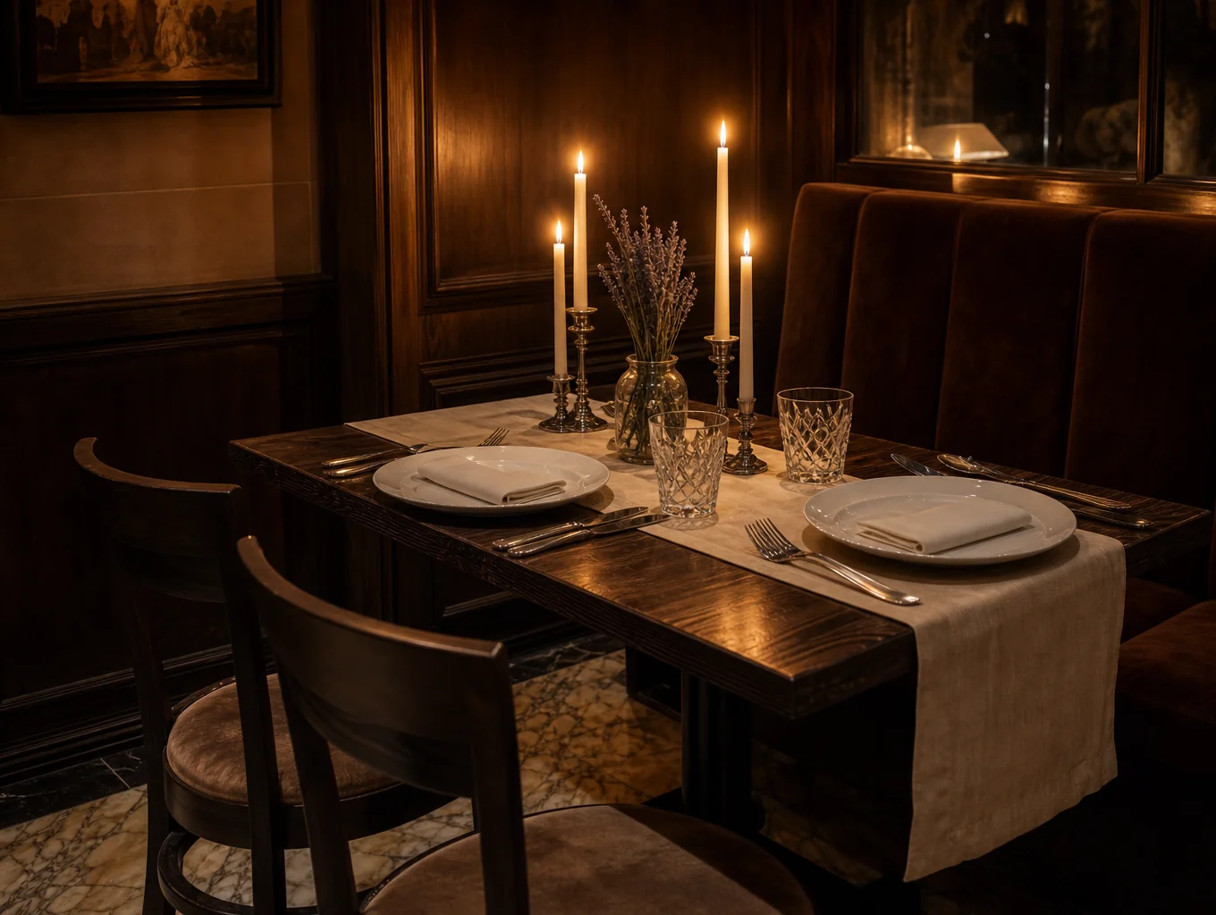 Intimate private dining room with candlelit table setup